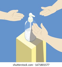 Hand of people pumping alcohol gel in hand from bottle. Not enough gel fro everyone. Coronavirus outbreak crisis. Anti germ and preventative concept. Protection Covid-19 situation.