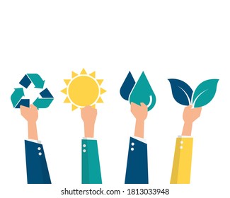 Que las personas salven el mundo y el medio ambiente. concepto sostenible y respetuoso con el medio ambiente.  aislado de fondo blanco. ilustración vectorial en diseño moderno de estilo plano.