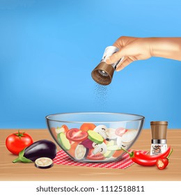Hand mit Pfeffermühle auf Salat aus Gemüse in Glasschüssel auf blauem Hintergrund realistische Vektorgrafik