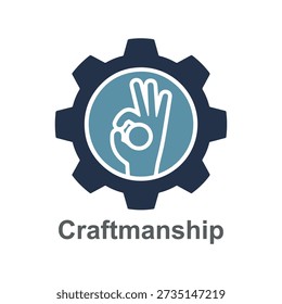 Hand performing ok gesture inside gear symbol with text craftsmanship below isolated on white background minimalist design with blue tones conveying skill approval and precision