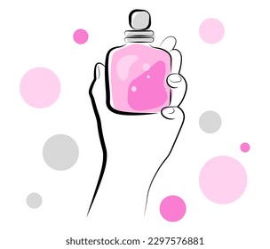 
Mano con perfume sobre fondo blanco. Ilustración vectorial en estilo doodle