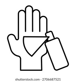 Hand with perfume spray thin line icon, body hygiene concept. Vector graphics. Deodorant bottle and hand, cosmetics sign on white background, outline style icon for mobile or web design