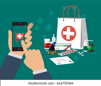 Hand of a person buying the pills online with the smartphone. Vector illustration. 