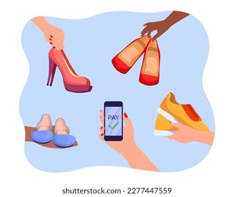 Hand of person buying shoes in online secondhand store via phone. Hands of sellers or customers holding different pairs of shoes vector illustration. Second hand, online shopping, ecommerce concept