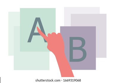 The hand of a person chooses between plan A and B, whilst favoring plan A. The concept of a difficult choice between two options, alternatives or opportunities, a vital problem of choice, vector illus