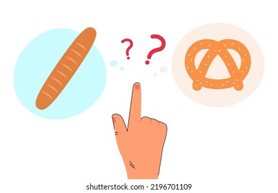 Hand of person choosing between baguette and pretzel. Character buying pastry or baked goods flat vector illustration. Bakery, choice, food concept for banner, website design or landing web page