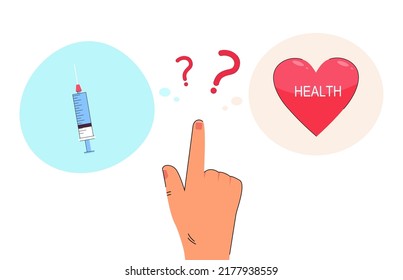 Hand of person choosing between syringe and red heart. Thought bubbles with vaccine syringe and heart with word health flat vector illustration. Medicine, healthcare, vaccination concept for banner