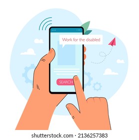 Hand of person with disability searching for work via phone. Smartphone screen with job search app flat vector illustration. Disability, accessibility, employment concept for banner, website design