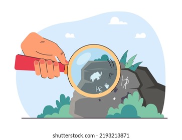 Hand of person examining drawings on stone with magnifier. Archaeologist examining ancient or prehistoric cave paintings flat vector illustration. Archaeology, stone age, history concept for banner