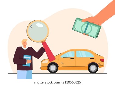 Hand of person giving money for car to agent with magnifier. Renting or buying vehicle flat vector illustration. Car rental, transport concept for banner, website design or landing web page