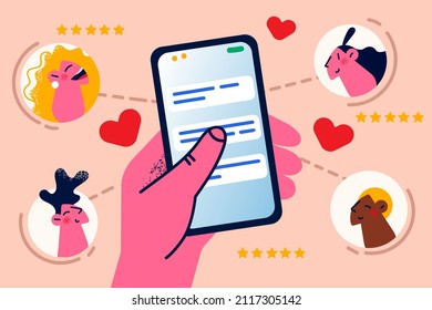 Hand of person hold cellphone text message online with diverse friends. Man communicate on internet on social media on smartphone. Modern technology and communication. Vector illustration. 