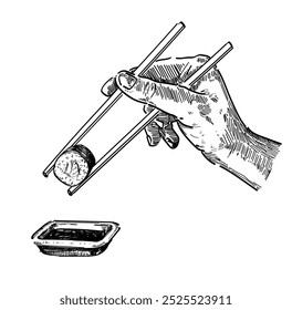 hand person hold sushi maki with chopsticks delicious food asian japanees restaurant dish draw linear illustration isolated on white background