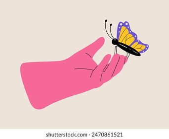 Hand of a Person Holding a Butterfly. Colorful vector illustration 
