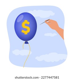 Hand of person holding needle next to balloon with dollar sign. Bankruptcy, financial crisis, company failure, currency inflation vector illustration. Inflation, recession, finances, economy concept