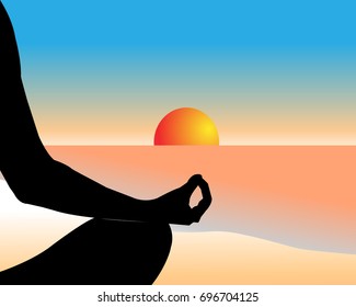 Hand of a person meditating in a yoga pose on the beach on the sunset. Healthy lifestyle and mindful meditation concept illustration vector.