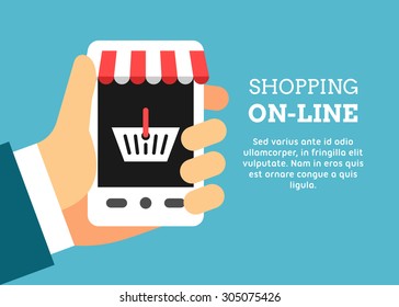 Hand of the Person with Mobile Device with basket on the Screen. Flat Design Vector Illustration