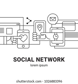 Hand of the person with the phone surrounded by icons. Concept of communication in the network