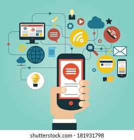 Hand of the person with the phone surrounded by icons. Concept of communication in the network