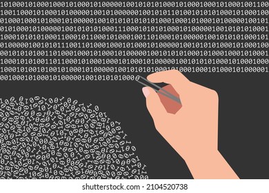 Hand of person placing 0 and 1 digits in the right order from chaotic heap of binary symbols. Concept of programming, debugging, error fixing, data loss and recovery, computer technologies