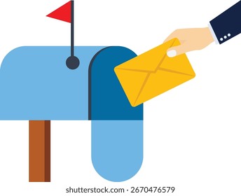 Hand of person putting envelope in open mailbox. Character sending letter flat vector illustration. Communication, correspondence, newsletter, mail concept for banner, website design or landing page


