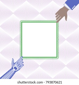 The hand of a person and a robot pointing to something. Technological or industrial background. Copy space.