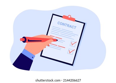 Hand of person signing business contact. Character writing on document or sheet of paper with pen flat vector illustration. Agreement, paperwork concept for banner, website design or landing web page