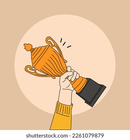 Hand of the person with a sports cup over yellow. Hand of the person holding a gold cup. Awarding the winner a prize. Stock vector flat graphic style illustration.