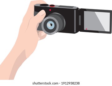 Hand der Person, die Foto mit Punkt und Aufnahme Kamera mit leerem Rahmen. Vektorgrafik. Bearbeitbare Clipart Art.
