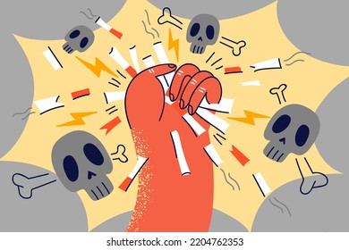 Hand of person throwing away cigarettes quit dangerous habit. Man or woman stop smoking scared of death and health troubles. Vector illustration. 