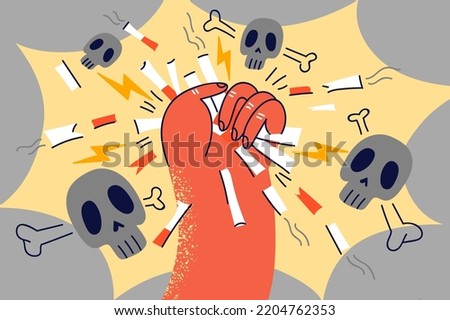 Hand of person throwing away cigarettes quit dangerous habit. Man or woman stop smoking scared of death and health troubles. Vector illustration. 
