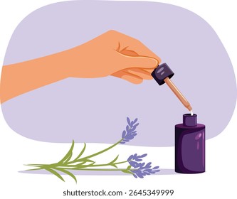 
Mão da pessoa usando a ilustração do vetor do óleo de lavanda. Mulher recorre à aromaterapia com flores de lavanda maravilhosas e produtos à base de plantas   
