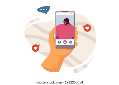 Hand of person using mobile phone for video call, talking to girl friend. User holding cellphone with conference talk interface on screen. Vector illustration for communication, online meeting concept