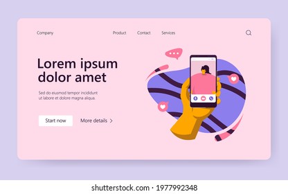 Hand of person using mobile phone for video call, talking to girl friend. User holding cellphone with conference talk interface on screen. Vector illustration for communication, online meeting concept