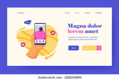 Hand of person using mobile phone for video call, talking to girl friend. User holding cellphone with conference talk interface on screen. Vector illustration for communication, online meeting concept