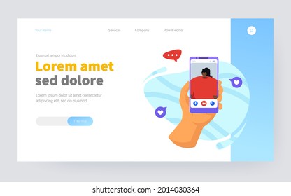 Hand of person using mobile phone for video call, talking to girl friend. User holding cellphone with conference talk interface on screen. Vector illustration for communication, online meeting concept