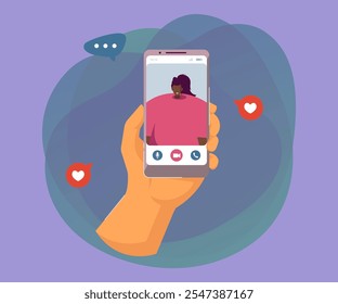 Hand of person using mobile phone for video call, talking to girl friend. User holding cellphone with conference talk interface on screen. Vector illustration for communication, online meeting concept