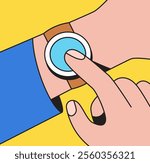 Hand person using or tapping smart watch in cartoon retro hand drawn vector illustration style