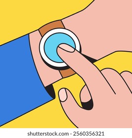 Hand person using or tapping smart watch in cartoon retro hand drawn vector illustration style