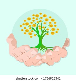 The hand of the person who holds the money tree of wealth. Financial success concepts