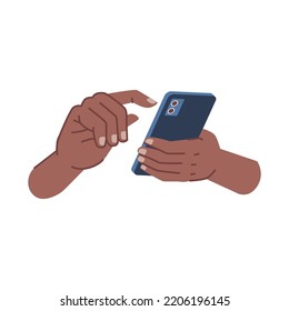 Hand der Persönlichkeit, die Smartphone, einzelne Charakter-Nutzer klopfen auf Touchscreen des Telefons. Zelle für Kommunikation. Vektorgrafik im flachen Cartographie-Stil