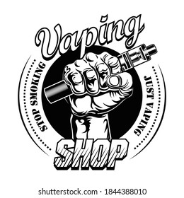 Hand pf vaper vector illustration. Male hand holding electronic cigarette, stop smoking text, stamp. Retail concept for vape bar or store label, poster or emblem template