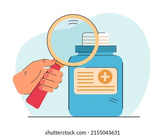 Hand of pharmacist examining medication bottle. Doctor or scientist holding magnifier and studying drug flat vector illustration. Pharmacy, medicine concept for banner, website design or landing page