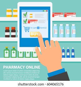 Hand pharmacist hands holding white tablet, medicines on shelves in background. Online pharmacy concept. Finger touch pay button on screen for medicine online payment via application.