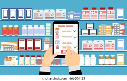 Hand Pharmacist Hands Holding White Tablet, Medicines On Shelves In Background. Online Pharmacy Concept. Finger Touch Pay Button On Screen For Medicine Online Payment Via Application.