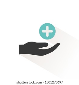 Hand with pharmacy cross. Flat icon with beige shade. Medicine vector illustration