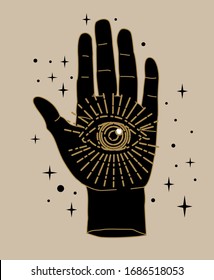 The Hand of the Philosopher, Palm with The Eye of Providence. Vector illustration for tattoo design or fashion print in simple line art style.