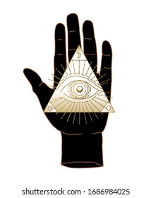 The Hand of the Philosopher, Palm with The Eye of Providence. Vector illustration for tattoo design or fashion print in simple line art style.