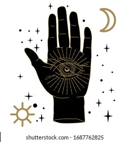 The Hand of the Philosopher, Palm with The Eye of Providence. Vector illustration for tattoo design or fashion print in simple line art style.
