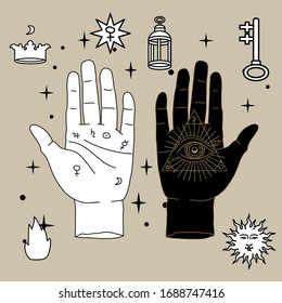 La Mano del Filósofo, Palm con el Ojo de la Providencia. Ilustración vectorial para el diseño de tatuajes o la impresión de moda en estilo de arte de línea simple.