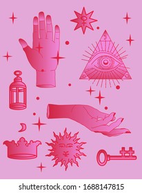 The Hand of the Philosopher with Symbols of the Crown, the Sun, Morning star or Venus and the Key. Vector illustration for tattoo design or fashion print in simple line art style.